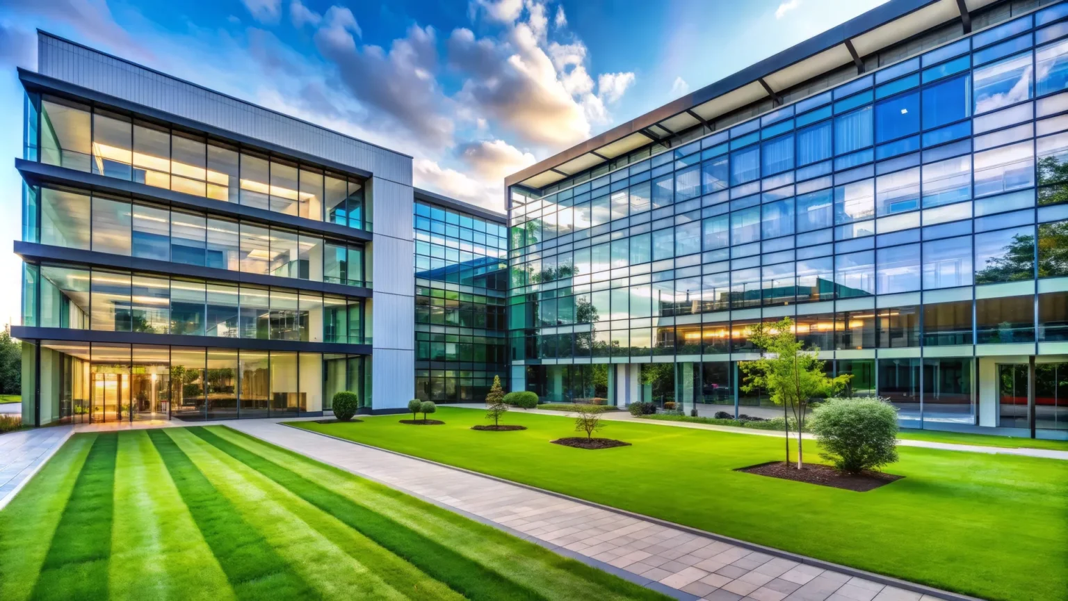 Modern office buildings with glass facades surround a manicured courtyard with green grass and small trees under a blue sky with clouds.